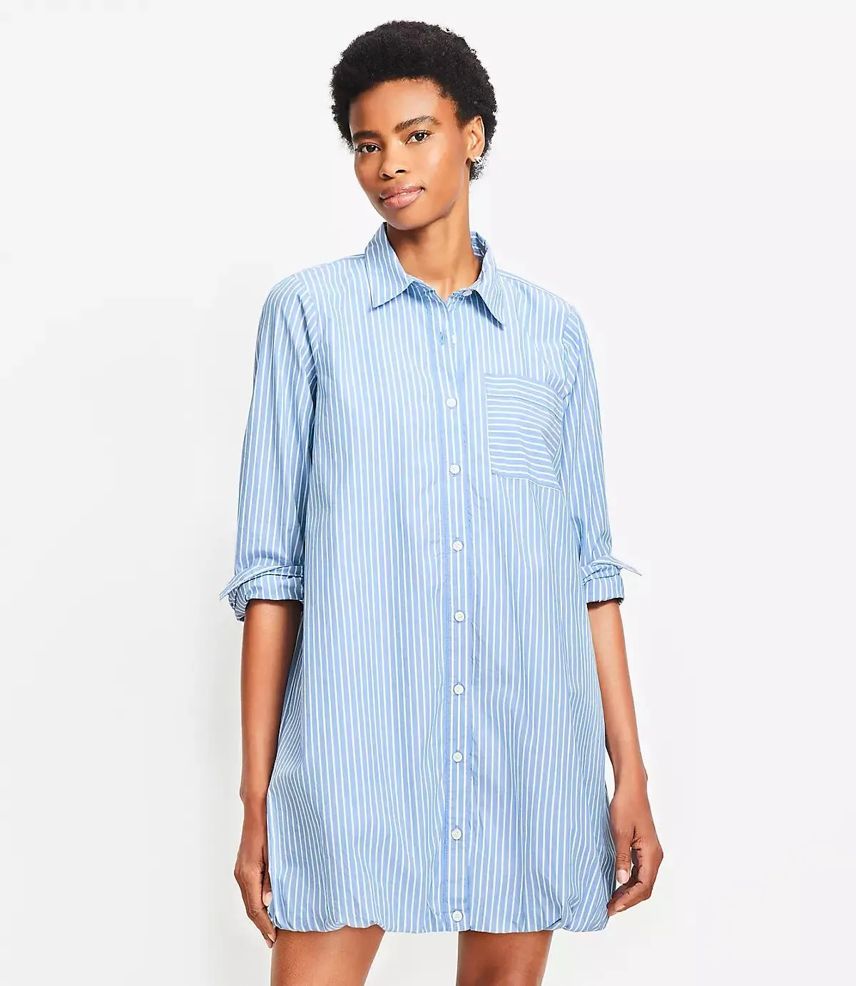 Striped Poplin Bubble Hem Mini Pocket Shirtdress