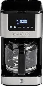 West Bend Drip Coffee Maker Brews Hot or Iced, Programmable with Brew Strength Selector Auto Shut-Off and 6 Functions Permanent Mesh Filter and Glass Carafe, 12-Cup, Metallic