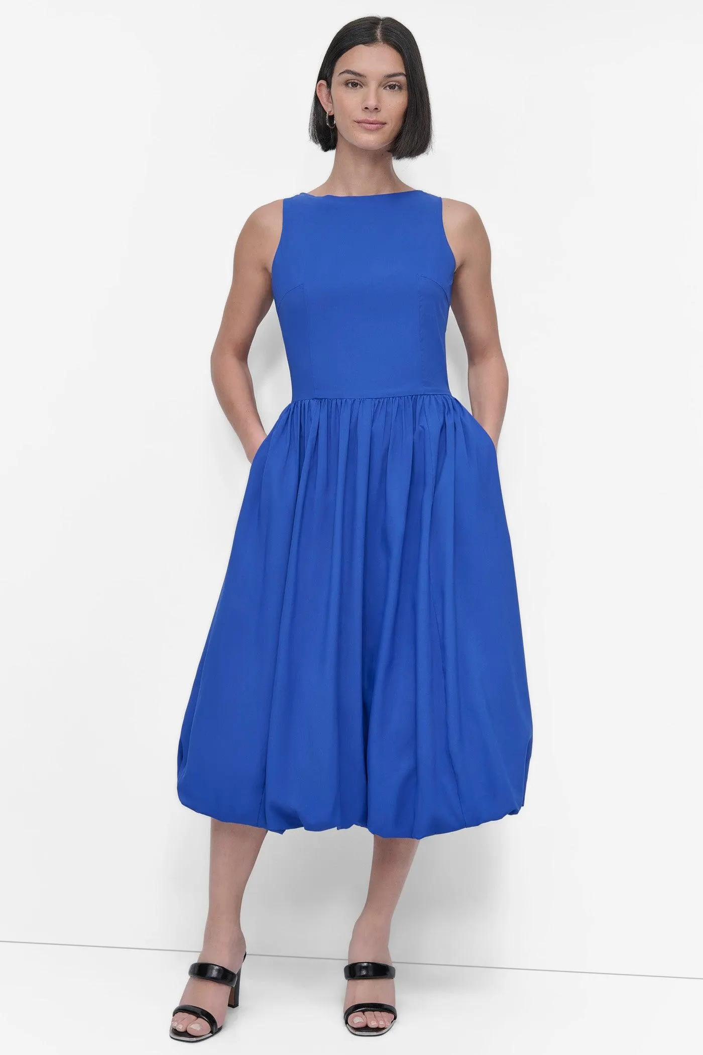 SLEEVELESS BOAT NECK DROP WAIST DRESS