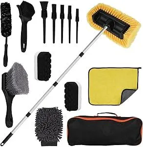 Vextronic 14PCS Car Wash Kit - Car Wash Brush with Long Handle, Soft Bristle Wheel & Tire Brush, Microfiber Towel, Car Wash Mitt, Tire Shine Applicator Pad, Car Detailing Brush for Car RV SUV Truck