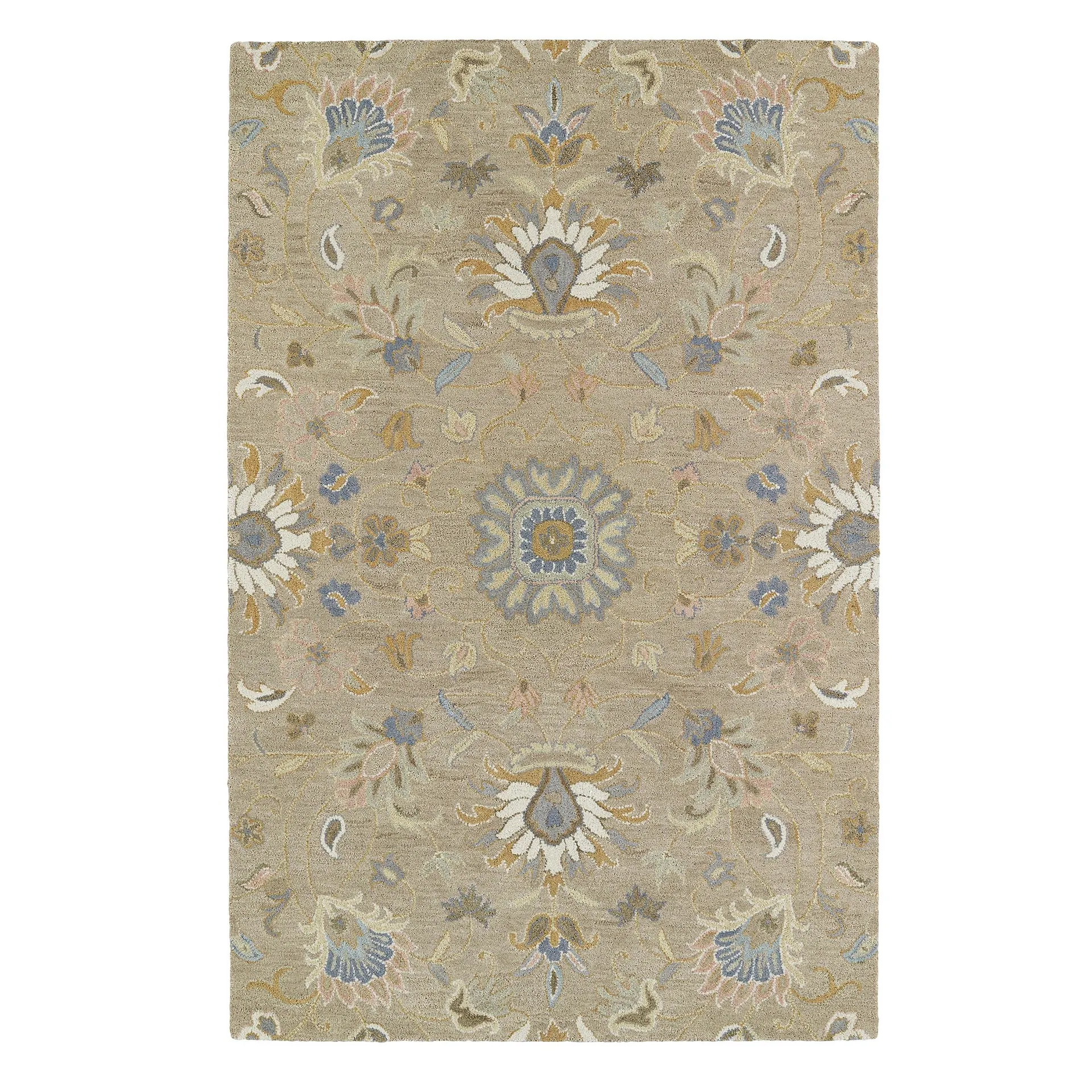 Tan Meadow Floral Vine Wool Rug, 9' x 12'