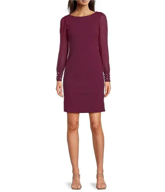 Scuba Crepe Crew Neck Chiffon Long Sleeve Pearl Cuff Sheath Mini Dress