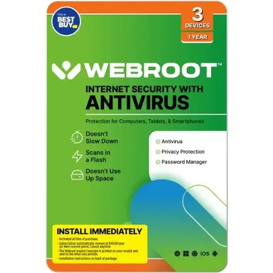 Webroot - Internet Security with Antivirus Protection (3 Devices) (1-Year Subscription – Auto Renewal) - Android, Apple iOS, Chrome, Mac OS, Windows [Digital]