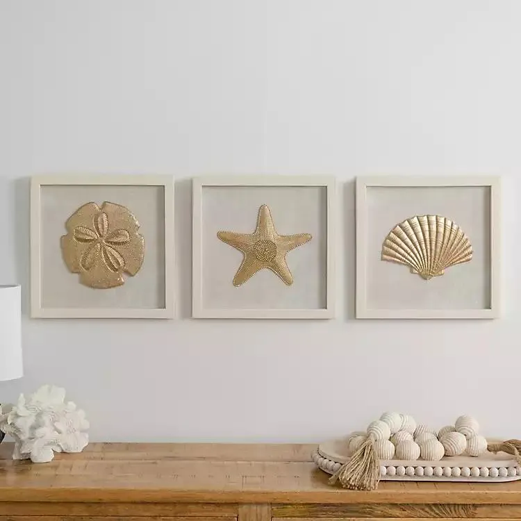 Ivory and Gold Shell Shadow Wall Plaques, Set of 3