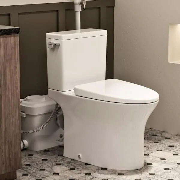 Macerating Toilet with Pro 600W Pump, White Elongated Bowl Two Piece Toilet, 1.28 GPF Single Flush, Extension Pipes