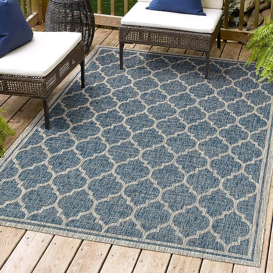 JONATHAN Y Santa Monica Trebol Filigree Textured Weave 9 x 12 (ft) Loomed Polypropylene Navy/Gray Rectangular Indoor/Outdoor Tribal Coastal Area rug