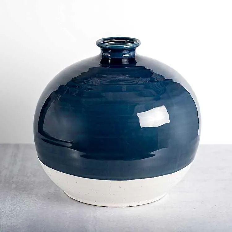 Round Satin Blue Stoneware Vase, 11 in.
