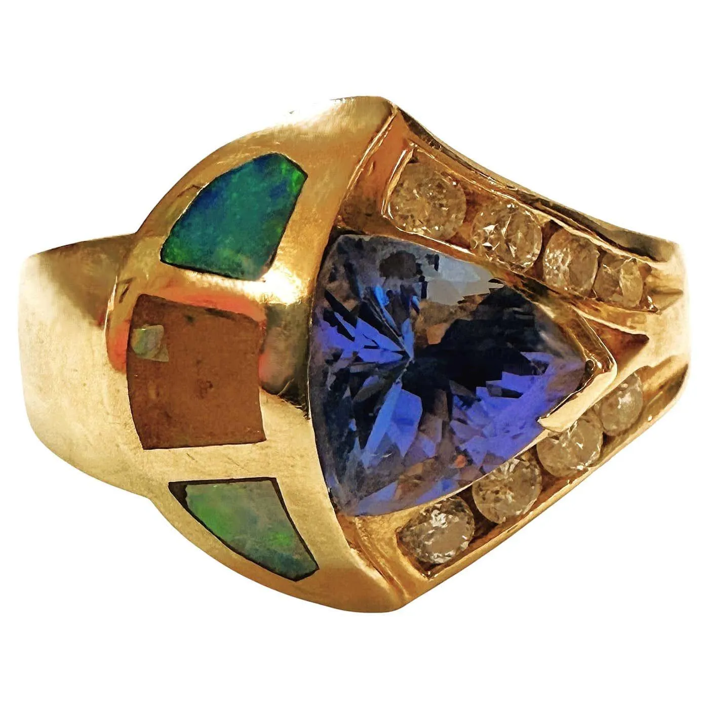 14k Yellow Gold 1.20 Trillion Cut Tanzanite, Diamond & Opal Ring Size 6.75