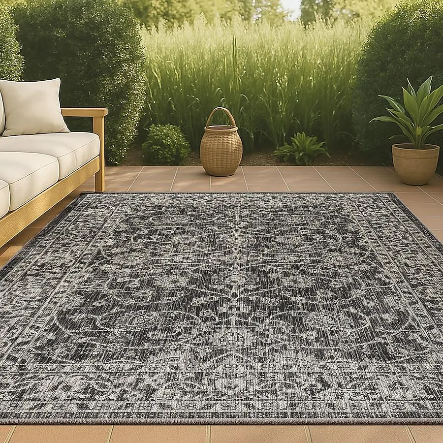JONATHAN Y SANTA MONICA Palazzo Vine and Border Textured Weave 9 x 12 (ft) Loomed Black/Gray Rectangular Indoor/Outdoor Medallion Vintage Pet Friendly Area rug