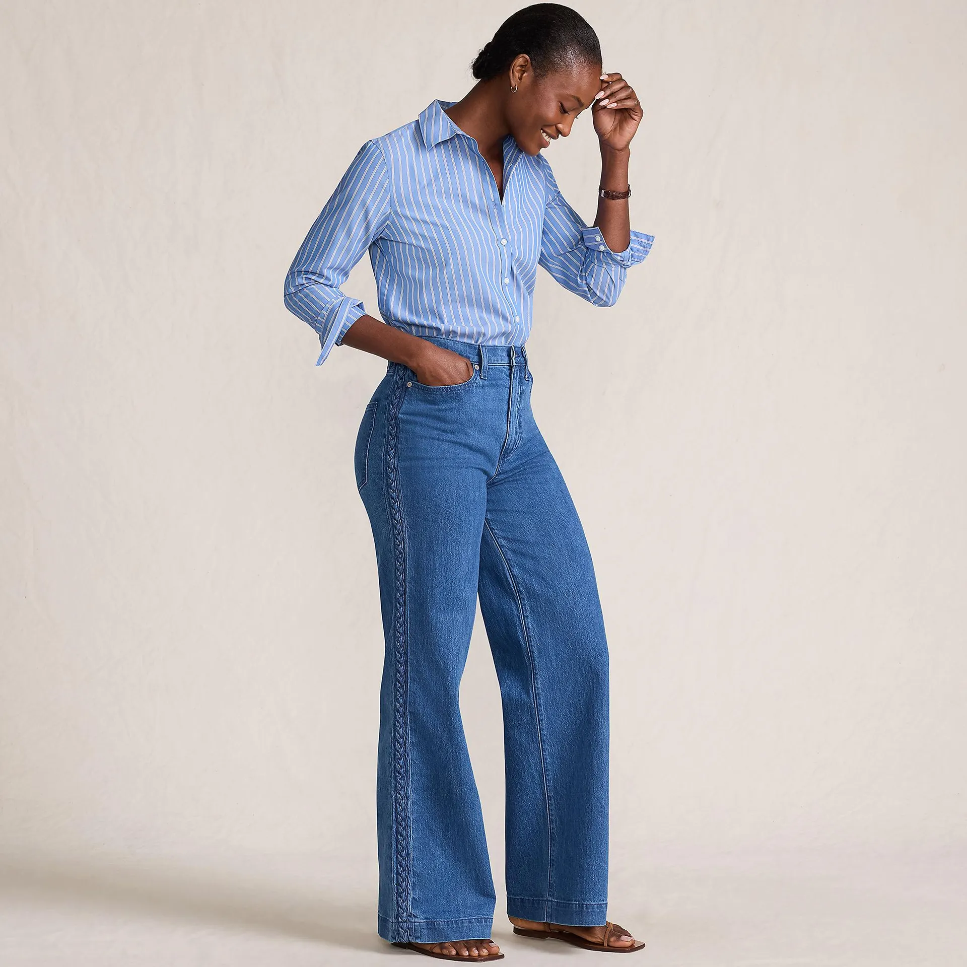 Women's Soft Denim High Rise Wide Leg Braided Jeans