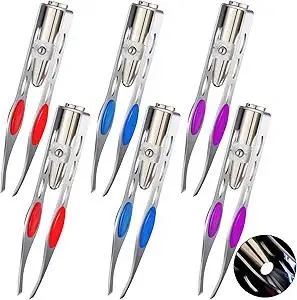 Tatuo 6 Pcs Light Stainless Steel Tweezers with LED, Makeup Eyelash Eyebrow Hair Removal Illuminating Lighted Tweezers for Precision Men Women(Red, Purple, Dark Blue)