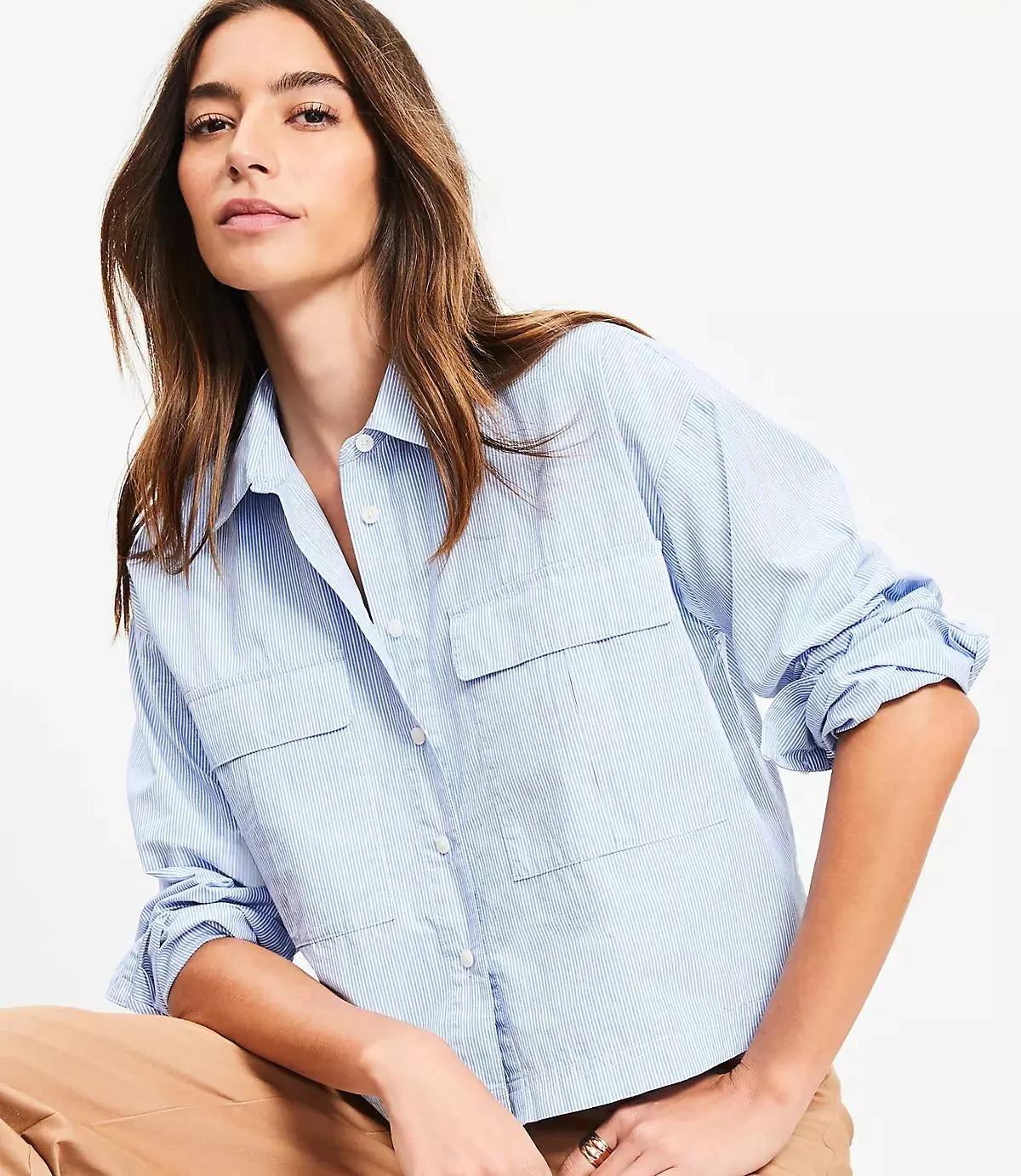 Striped Poplin Wide Sleeve Modern Utility Shirt