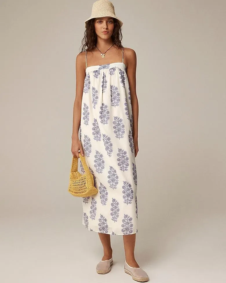Floaty midi dress in block-print cotton voile