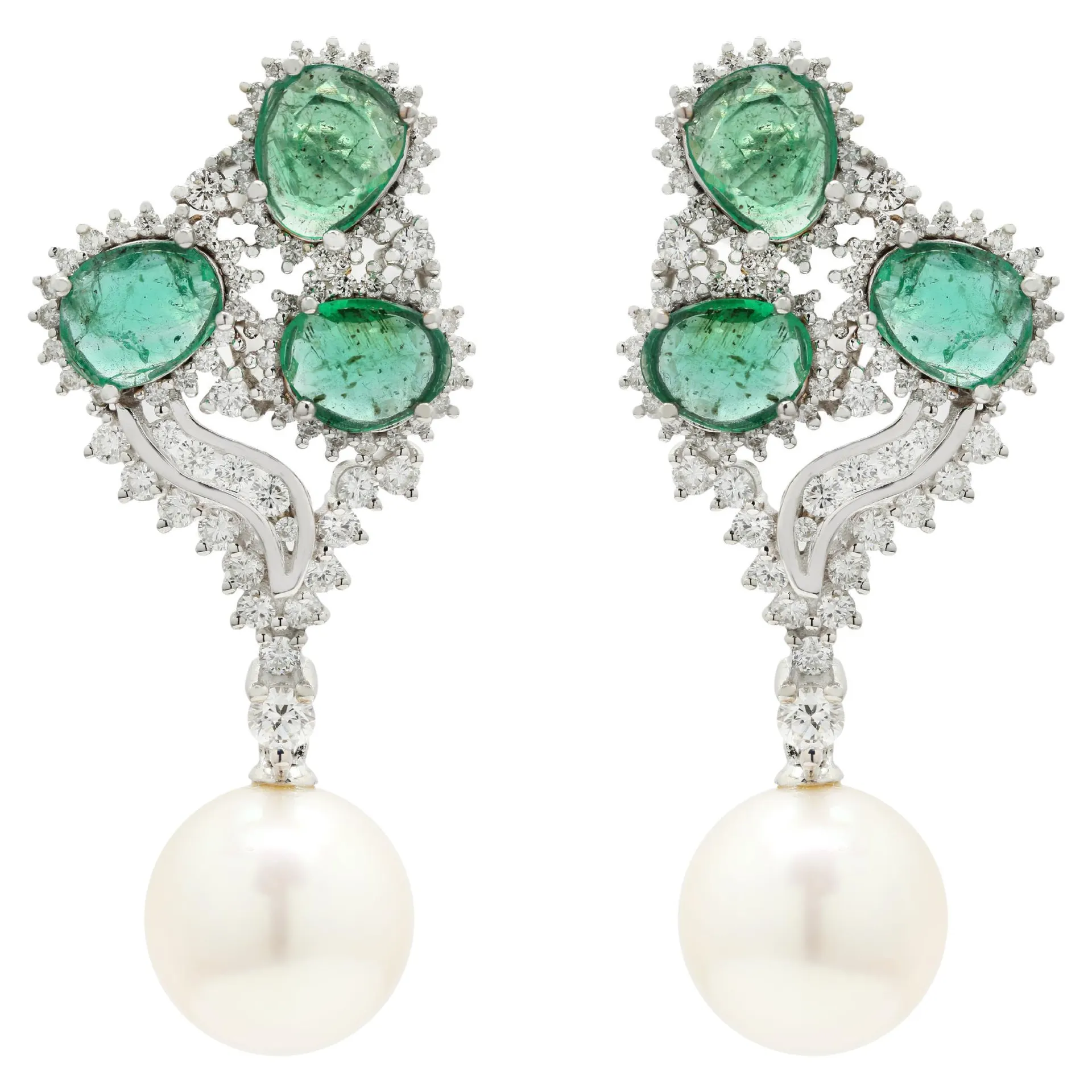 Astounding 14K White Gold 29.56 ct Emerald and Diamond Earrings with Pearl