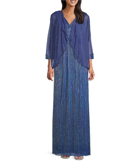 3/4 Sleeve Surplice V-Neck Matte Jersey Chiffon 2-Piece Jacket Dress