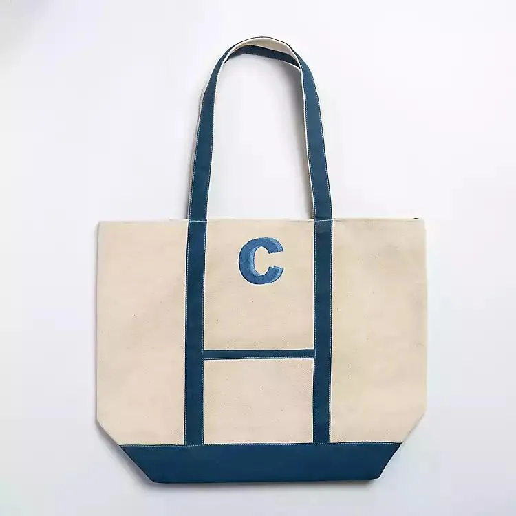 Blue Embroidered Monogram C Boat Tote