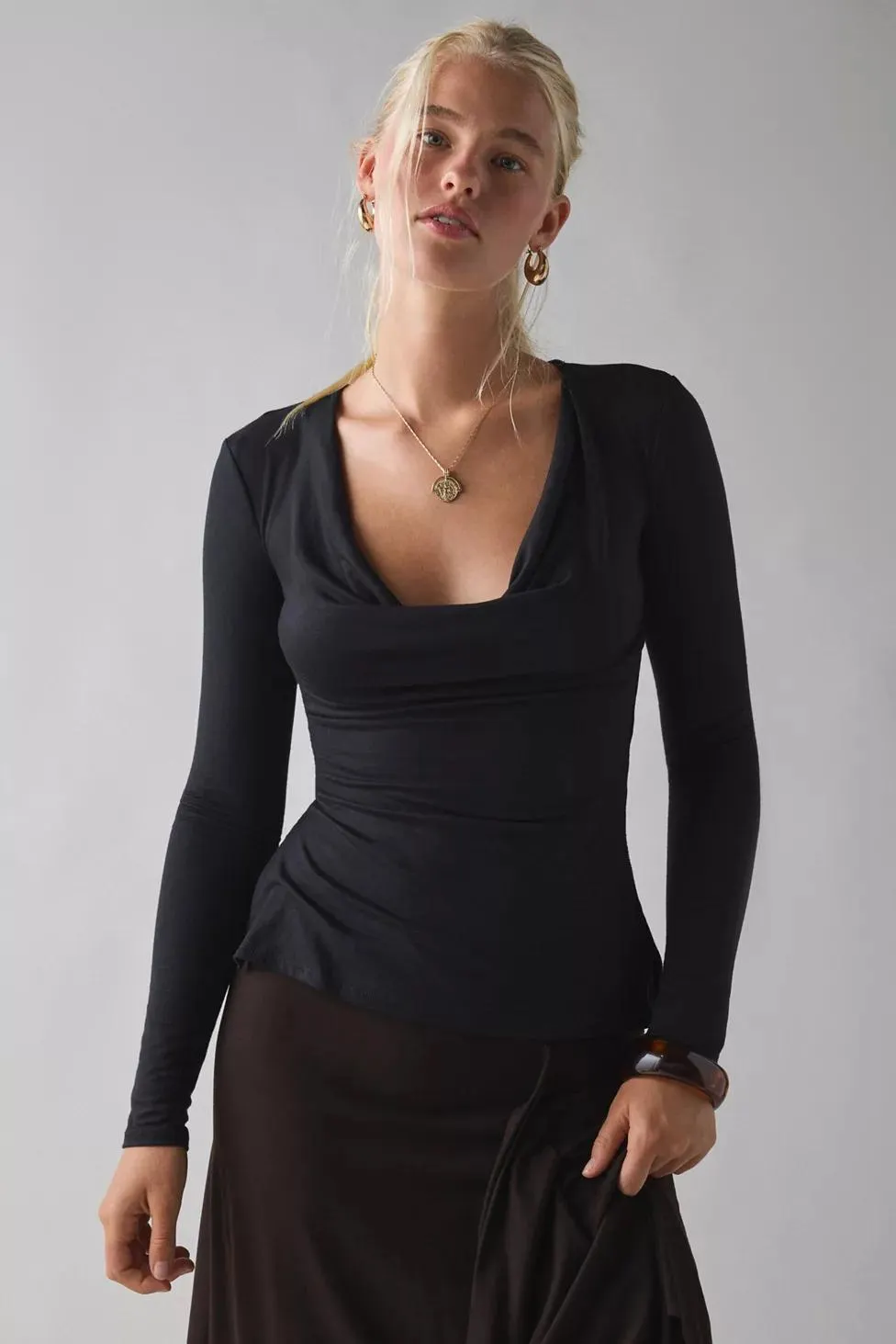 UO Late Night Jersey Knit Long Sleeve Cowl Neck Top