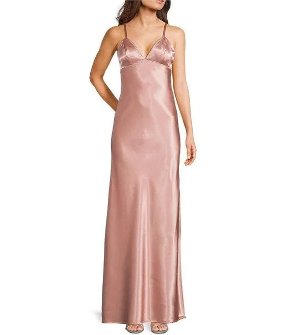 Sleeveless Spaghetti Strap Satin Rhinestone Trim Dress