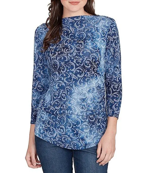Textured Knit Tie-Dye Scroll Floral Boat Neck 3/4 Sleeve Top