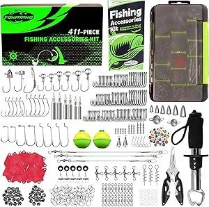 411/601-Piece Fishing Gear Accessories Kit, [2025 New] Tackle Box With Pliers, Fish Lip Grips, Hooks, Weights, Jig Heads, Swivels, 21 Pre-Made Rigs Gear for Lures