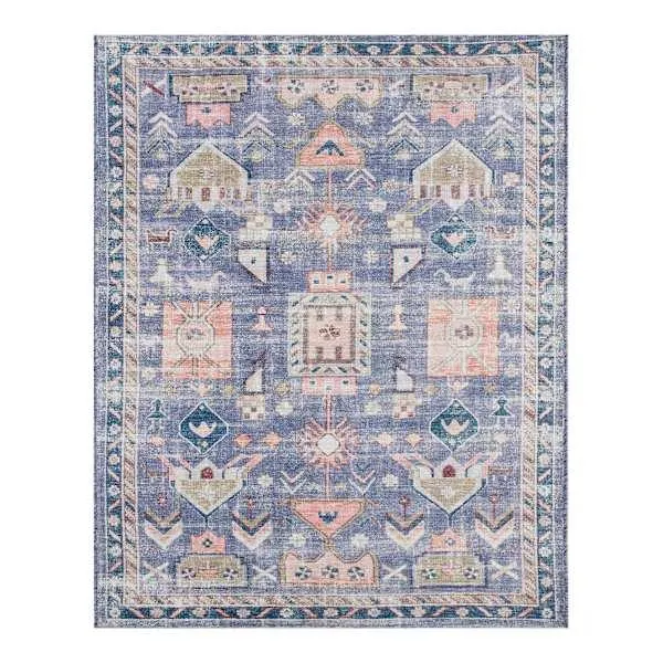 (B828) Blue Floral Medallion Washable Area Rug, 8x10