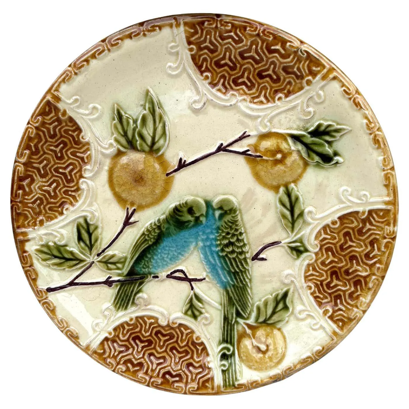 French Majolica Parakeets Plate Salins, circa 1890