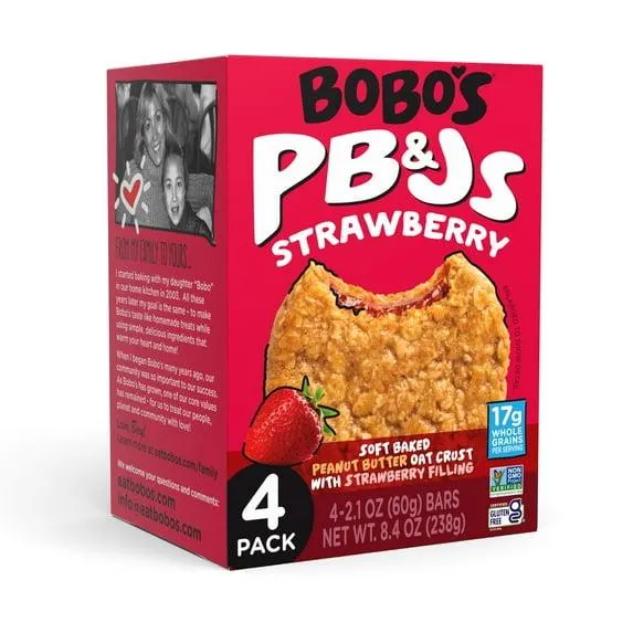 Bobo's PB&Js, Peanut Butter Oat Crust With Strawberry Filling, 4 Pack of 2.1oz oat snacks