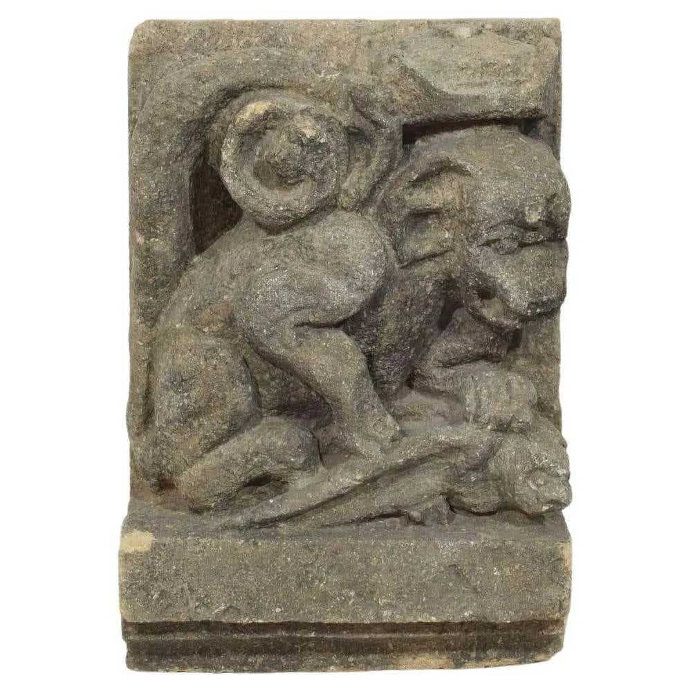 Medieval Gothic French Carved Stone Crowned Gargoyle Panel