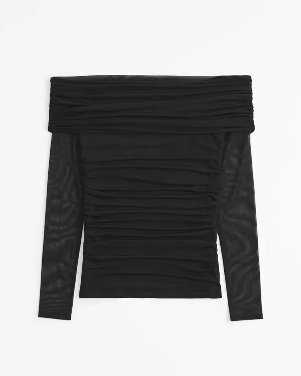 Long-Sleeve Off-The-Shoulder Mesh Top