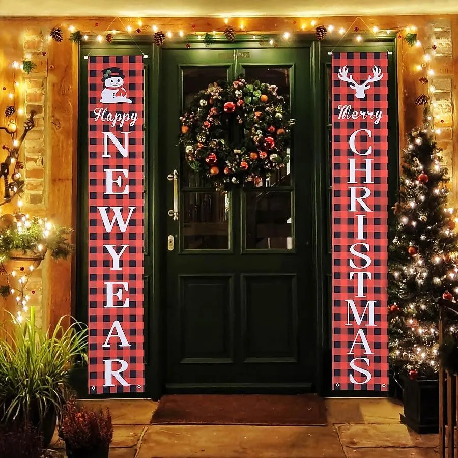 Yescom 2 Pack Merry Christmas New Year Door Sign Porch Sign Banner Hanging Xmas Party Decorations