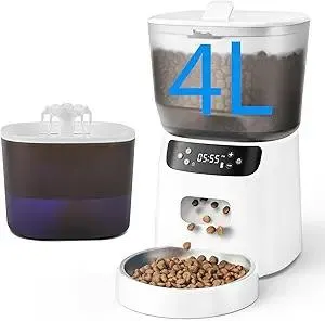 Automatic Cat Feeder and Water Fountain, 4L/16 Cups Timed Cat Dry Food Dispenser, 10s Meal Call, 20 Portions 6 Meals Per Day, 2L Cats Fountains for Drinking with Filter, Pet Feeder for Dog White