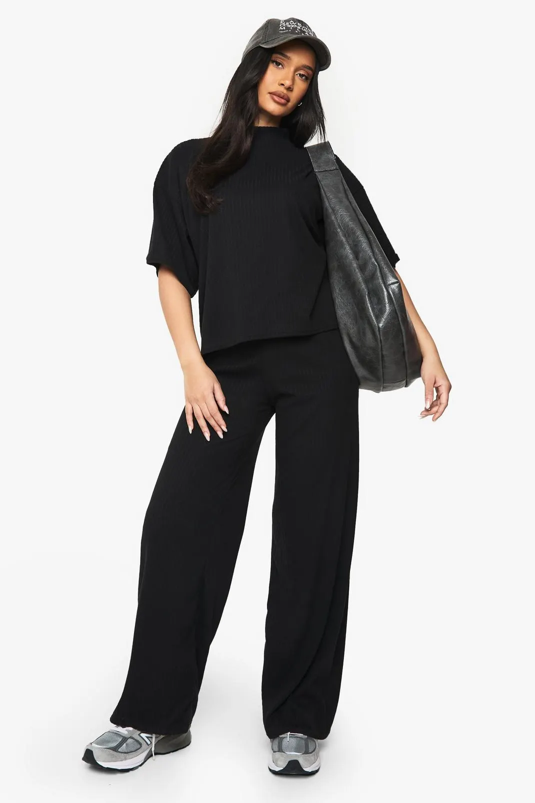 Rib Oversized Short Sleeve Top & Wide Leg Trouser Set