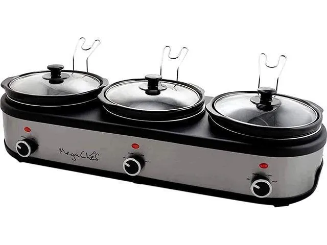 MegaChef MC-1203-W Silver Triple 2.5 Quart Slow Cooker and Server with Cooking Pots
