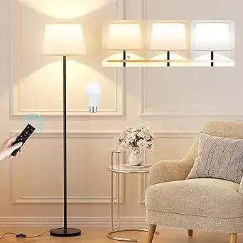 Modern Floor Lamp with Adjustable Brightness, Remote Control, Black, LED Bulbs, White Shade, Foot Switch, Easy Assembly