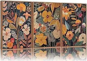 SIGNINART Orange Floral Framed Canvas Wall Art Set of 3, Mid Century Modern Flower Wall Decor, Neutral Plant Artwork, Boho Botanical Art Prints for Bedroom Living Room Office 16"x24"x3