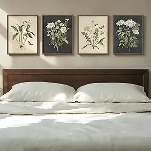 Framed Vintage Botanical Wall Art Bedroom, 4 Piece Rustic Farmhouse Floral Canvas Prints Artwork, Neutral Flower Butterfly Pictures for Modern Farmhouse Living Room Kitchen Bathroom Wall Decor, 11x14