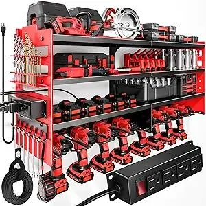 Large Power Tool Organizer Wall Mount with Charging Station,4 Layer Heavy Duty Metal Tool Storage Shelf Loads 600lbs,Battery Utility Rack With 4 Outlet Power Strip with 8 Cordless Drill Holder