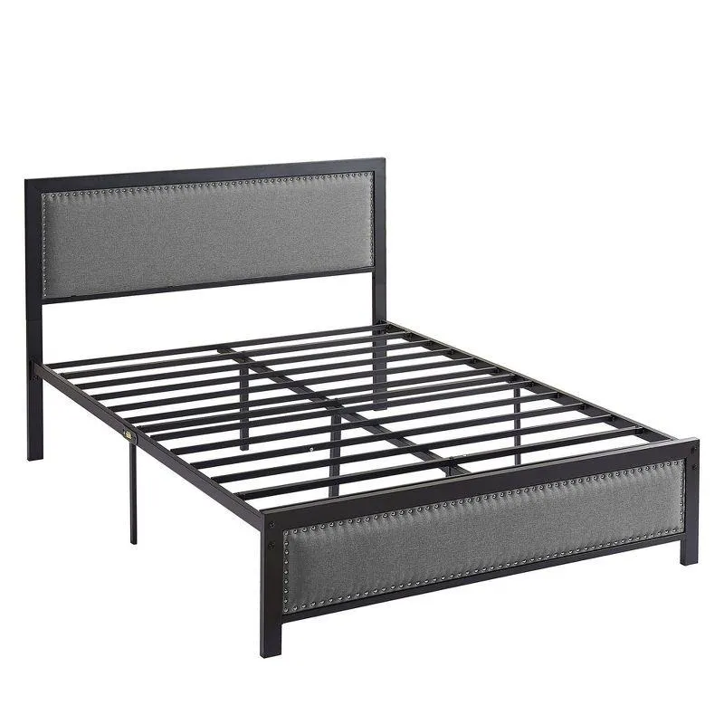 VECELO Metal Bed Frame with Linen Upholstered Headboard, Platform Bed with 12.6 in. Under Bed Storage and Nailhead