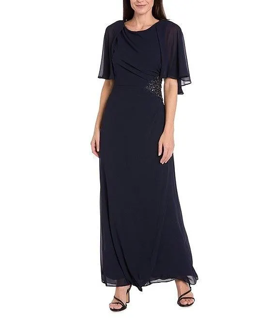 Crew Neck Short Flutter Sleeve Beaded Waist Flower Detail Sheath Dress