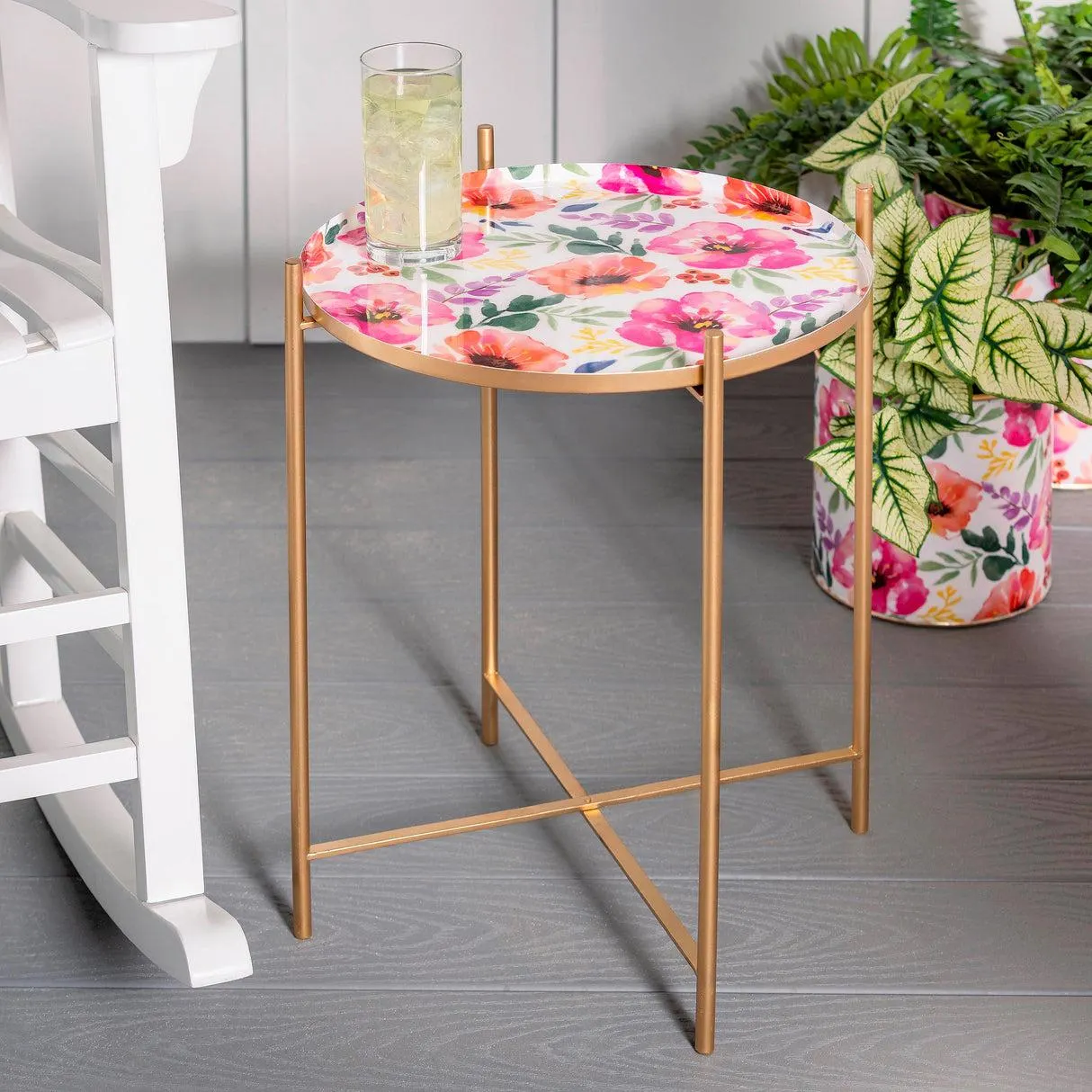 Pastels of Nature Printed Pink Metal Side table