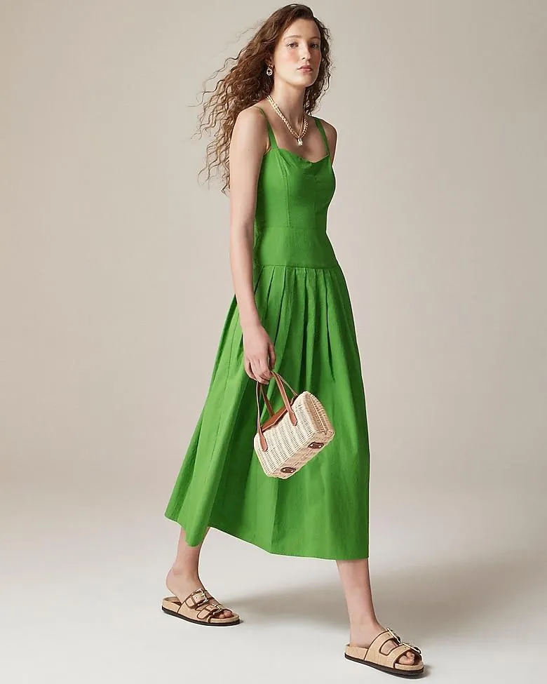 Pleated drop-waist dress in crinkle cotton blend