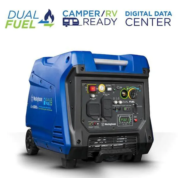 5,000-Watt Dual Fuel Gas and Propane Powered Portable Inverter Generator with Remote Electric Start, LED Data Center