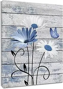 HVEST Farmhouse Floral Wall Art for Living Room, Blue and White Daisy Flower and Butterfly on Rustic Wood Board Canvas Wall Art Framed Artwork Ready to Hang for Bathroom Bedroom Decor, 16L X 12W