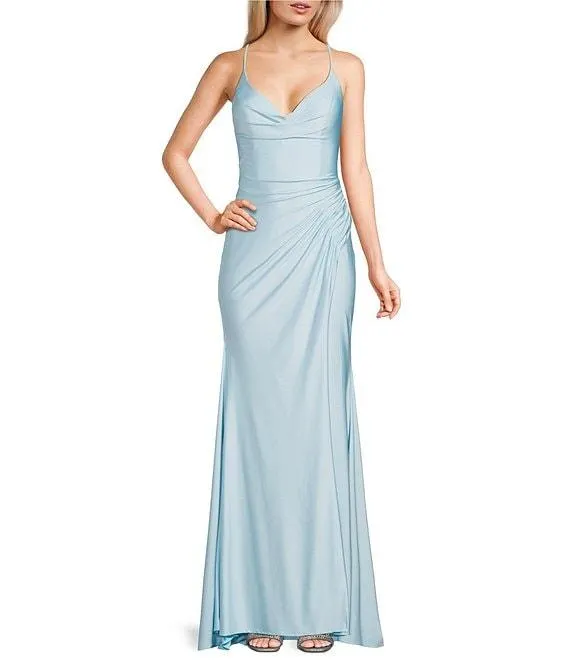 Social Jersey Ruched Lace-Up Back Long Dress