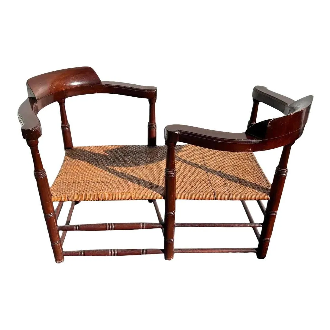 1940s Vintage Wood and Woven Rattan Tete-A-Tete Conversation Bench