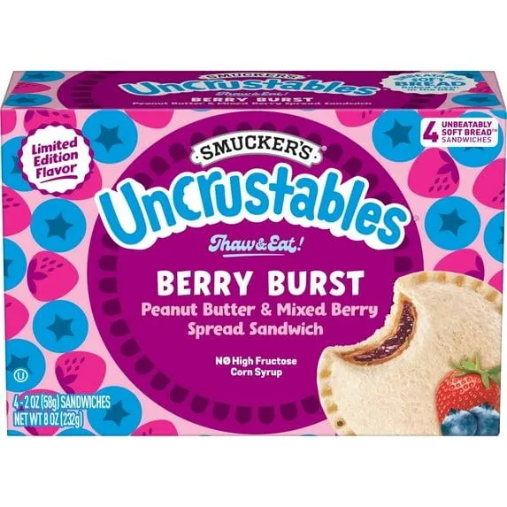 Smucker’s Uncrustables Peanut Butter & Mixed Berry Spread Sandwiches, 2 oz, 4 Count (Frozen)