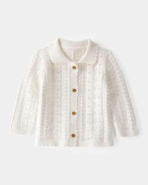 Baby Pointelle Button-Down Collared Cardigan - Ivory