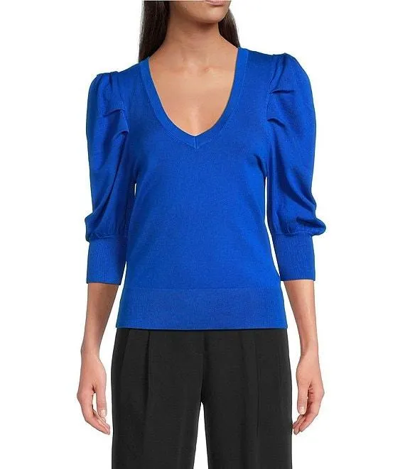 DKNY by Donna Karan Short Pleated Puffed Elbow Sleeve V-Neck Knit Top
