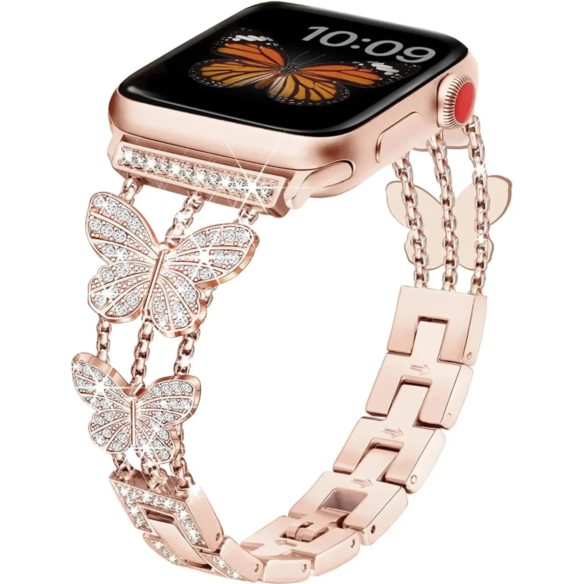Correa de mariposa para Apple Watch de 49 mm, 41 mm, 45 mm, 40 mm, 44 mm, 38 mm y 42 mm, con diamantes brillantes para Apple Watch Series 9, 8, 7, SE, 6 y 5.
