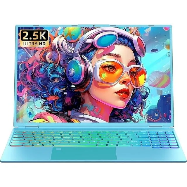 16" Blue Laptop, 2.5K QHD(2560x1600) IPS, Celeron N5095, 12G RAM 1T SSD, Win 11/Office 2019, Color Backlit KB, Fingerprint,Type-C/HDMI/WiFi/HDD Expand